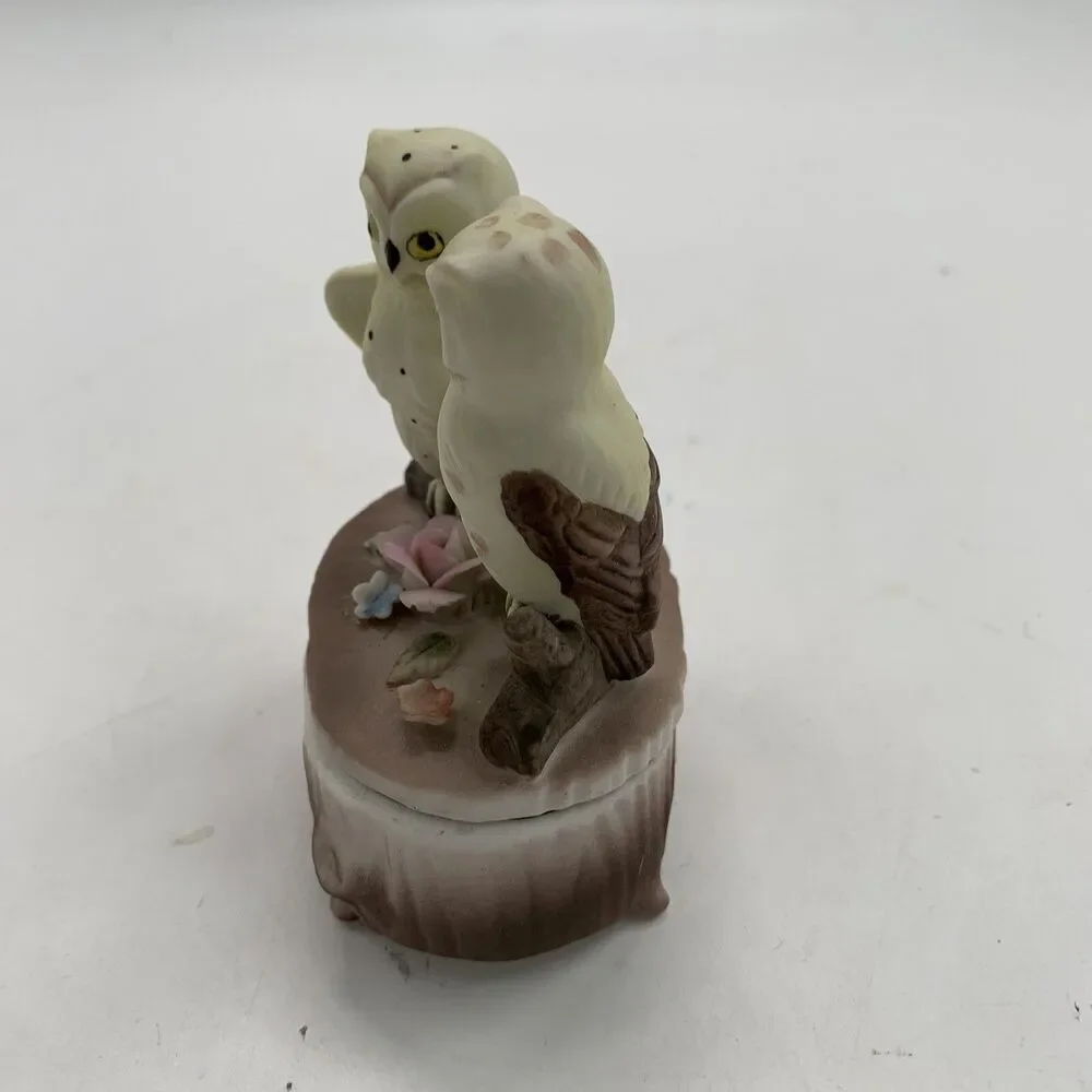 LEFTON China Trinket Box Perched Owls Delicate Floral Accent Brown Number 05090